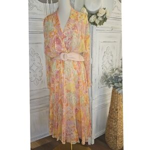 A.J. Bari Vintage Multi-colored Floral Print Chiffon Long Sleeves Silk Dress